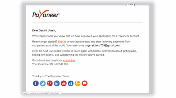 payoneer account approval email